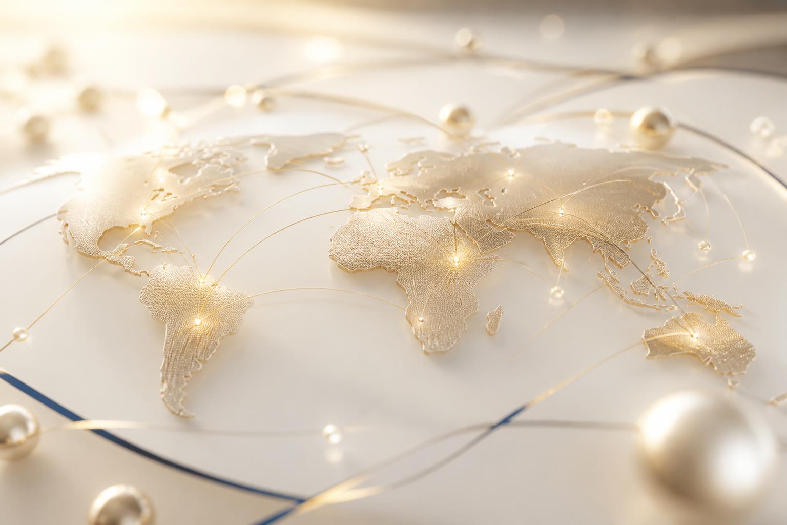 Carte du monde stylisée avec connexions dorées représentant un réseau international de capitaux